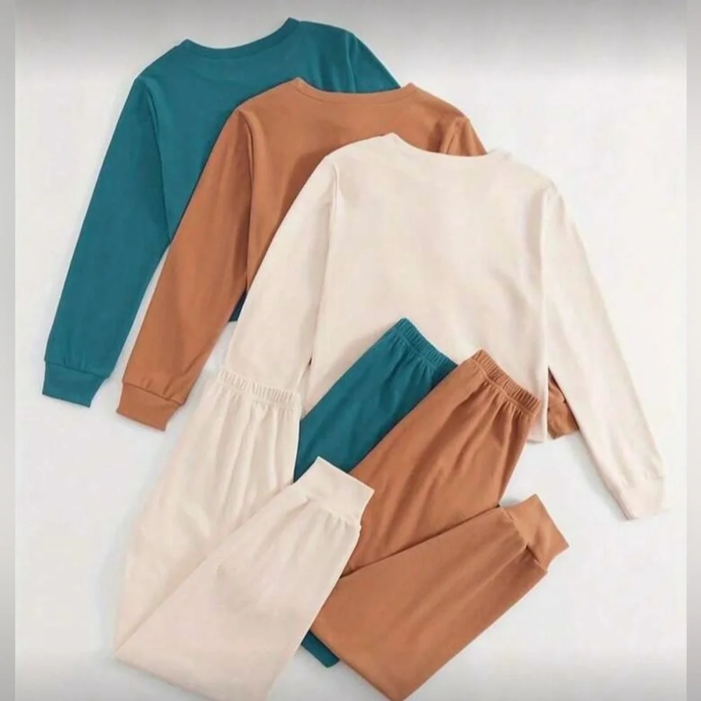 Women’s 2 Piece Loungewear Set Long Sleeve Top & Pants Camel Teal or Cream Fall - Picture 7 of 8